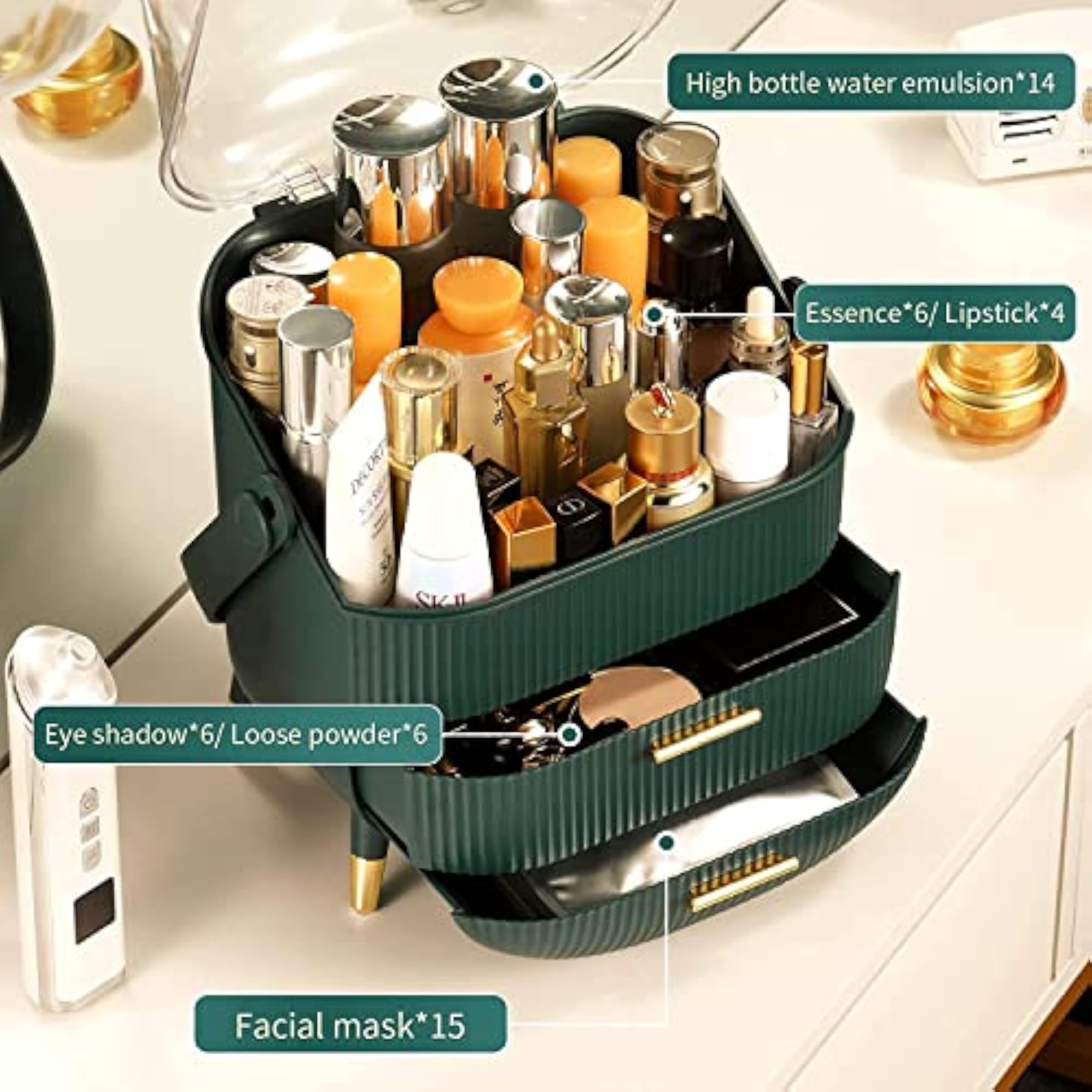 3-Layer Skincare and Cosmetics Storage Box, Green