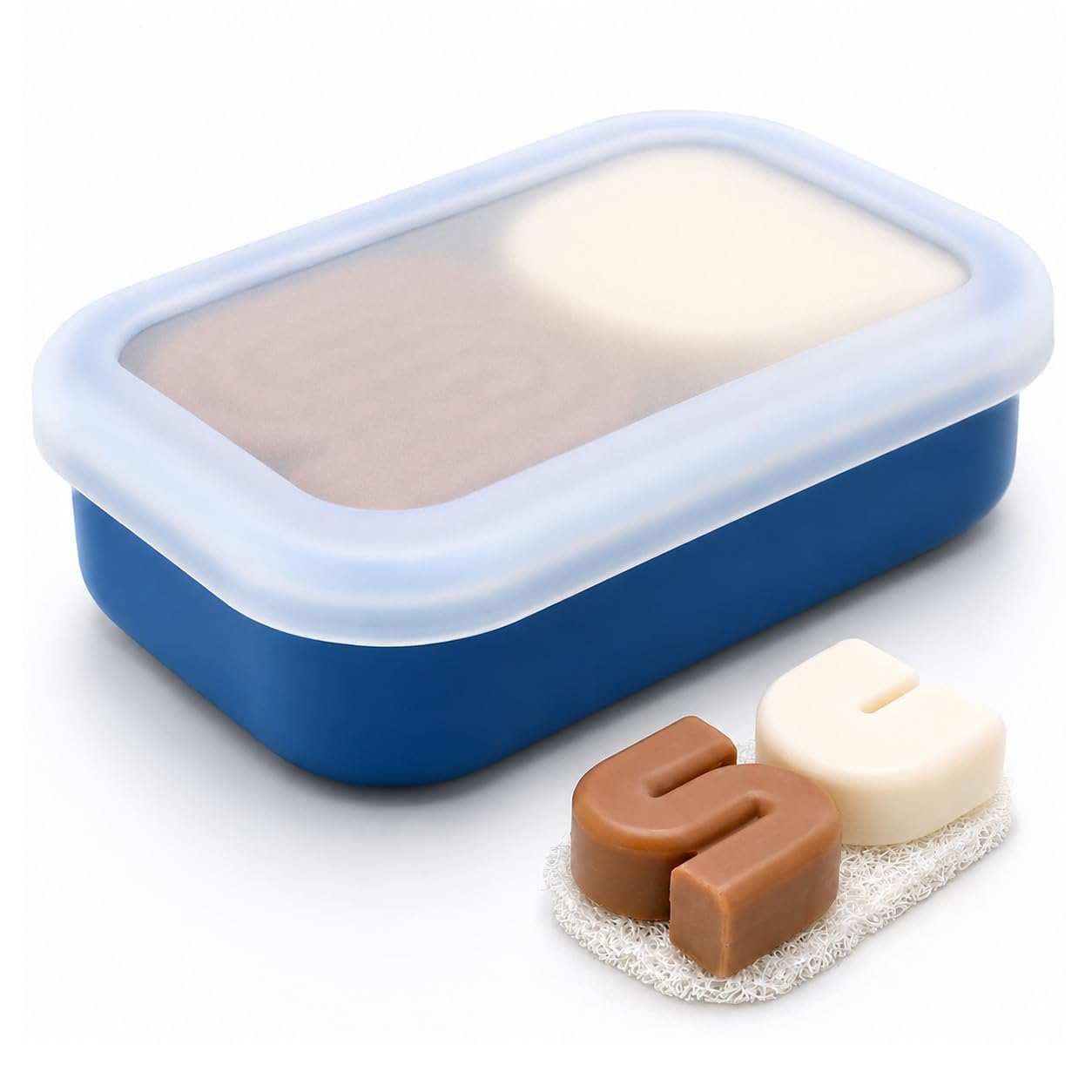 AIDIMMING Enhanced Leakproof Travel Soap Case, Shatter-Proof & Slip-Resistant Silicone Shampoo Bar Holder, Large Container With Draining Layer-Soap Saver Pad (Clear & Blue)