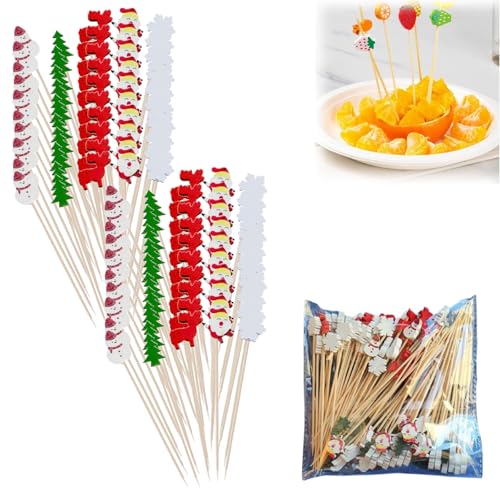 100 púas de cóctel de Navidad, palillos de dientes de comida de 4.7 pulgadas de largo, brochetas de frutas, botanas, botanas, brochetas de embutidos, decoración de Navidad con temática clásico