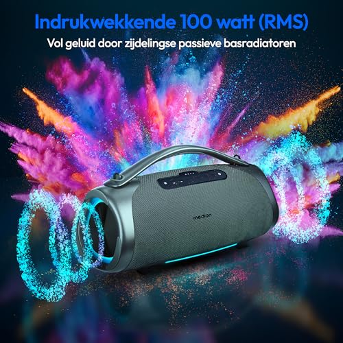 MEDION P61768 draagbare Bluetooth luidspreker (oplaadbare batterij, bass boost, RGB lichteffecten, IPX7 waterbescherming & robuust, geïntegreerde powerbank, 100W (RMS) totaal, 2x 25W + 50W) Antraciet - Afbeelding 3