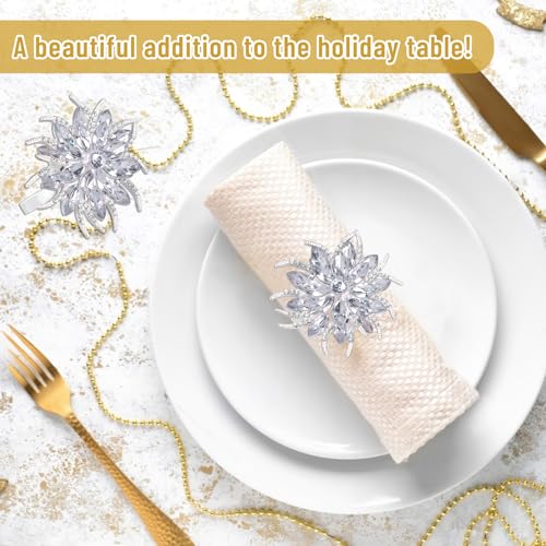 Image of Legigo Set of 12 Christmas Lotus Flower Napkin Rings Set for Dinning Table Setting- Silver Rhinestone Xmas Winter Napkin Ring Holders for Cloth Napkins, Christmas Holiday Party Dinner Table Decoration