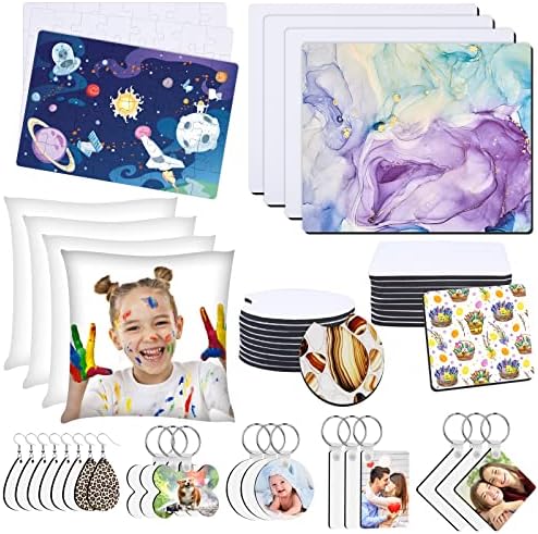 82 PCS Sublimation Blanks Products Set, Modacraft DIY Sublimation Starter Kit with 20 Car Coasters, 12 Keychains, 8 Earrings, 4 Mouse Pads, 3 Pillow Covers, 3 Puzzles