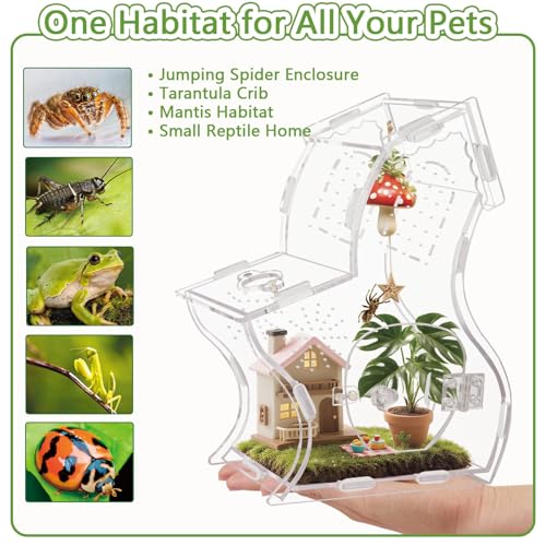 Image of Premium 3mm Acrylic Terrarium for Jumping Spiders & Tarantulas | 5.9 inchx9.4 inchx3.5 inch Tall Arboreal Enclosure with Magnetic Doors & 1mm Micro-Vents | Escape-Proof Habitat for Mantis, Reptiles, Frogs