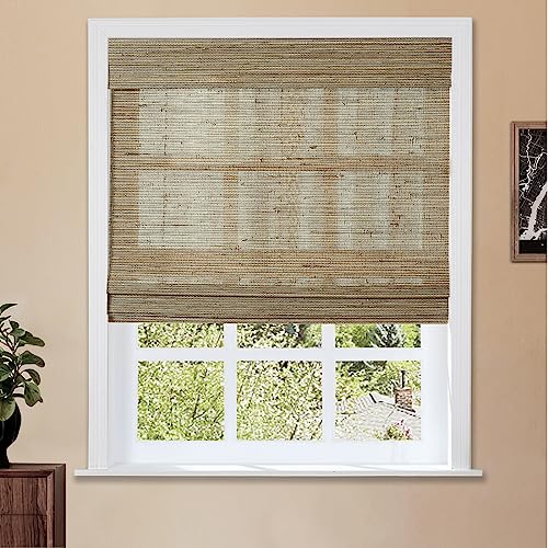 Image of TWOPAGES Customized Cordless No Drill Roman Blind for Indoor Windows Light Filtering Blackout Bamboo Shade Ramie Brown Roman Window Shade, 1 Piece
