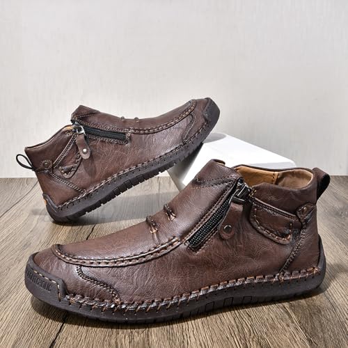 Men's Classic Vintage Hand-stitched Side Zipper Ankle Boots Fashion Comfortable Slip Resistant Casual Loafers Outdoor Driving High Top Flat Shoes2