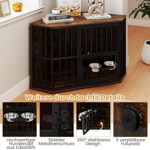 COSTWAY Eck Hundekäfig Möbel, Hundehütte mit verstellbarem Futterspender, 2 Edelstahlnäpfen & abschließbarer Tür, Hundebox aus Holz und Metall, für kleine mittelgroße Hunde, Indoor, Braun