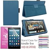 EpicGadget PU Leather Folding Folio Case with Screen Protector and Random Color Stylus for Fire HD 8 - Navy Blue