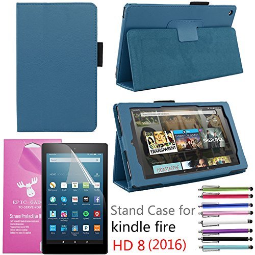 EpicGadget PU Leather Folding Folio Case with Screen Protector and Random Color Stylus for Fire HD 8 (Previous 6th Gen) (2016) - Navy Blue