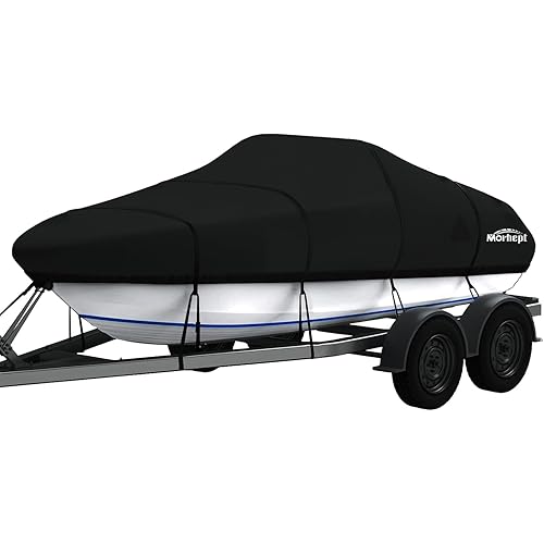 Waterproof Boat Cover 14-16 ft, Upgraded Bass Tracker Boat Cover for Mooring Towing, All-Weather Heavy Duty Boat Tarp Covers Fits Runabout, V-Hull, Tri-Hull, Black