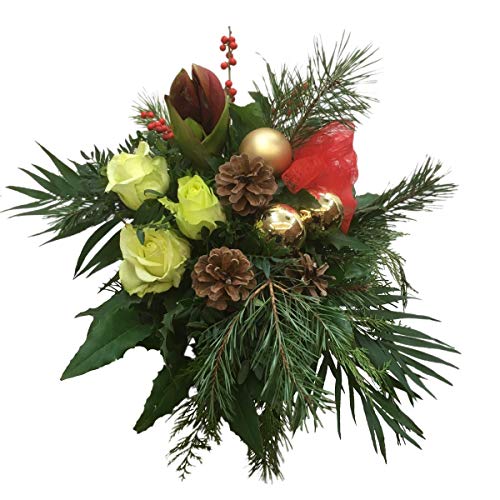 Blumenstrauß „Weihnachtsglück“ – Festlicher Weihnachtsstrauß mit Amaryllis & Rosen, Tannengrün, Beeren & Deko | Winterstrauß Weihnachten – Stilvolle Geschenkidee, frisch gebunden