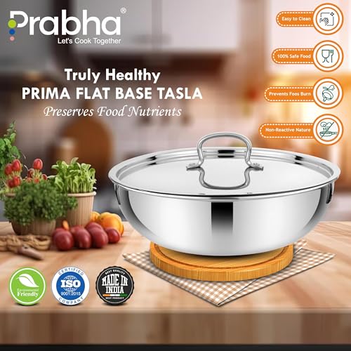 Image of Prabha Stainless Steel Prima Tasla with Flat Bottom, Included Lid, Tasla, 16cm, 0.9 L Capacity, Perfect for Kitchen Need, Induction and Gas Stove Compatible