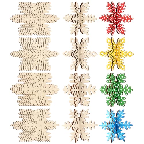 24 Pcs 3D Snowflake Wood Crafts, Winter Wooden Cutouts, Unfinished Snowflake Wooden Slices for Christmas Winter Themed Party Decorations