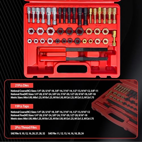 Image of Thread Chaser Set 42Pcs, Thread Repair Kit Includes 21 Rethreading Dies, 19 Rethreading Taps & 2 SAE Thread Files, Thread Restorer Kit with UNF, UNC and Metric Size