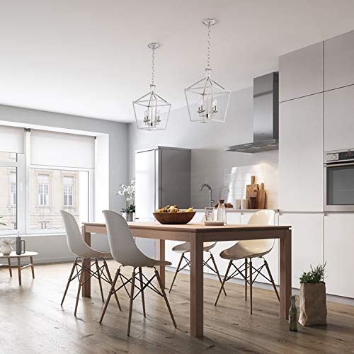 Motini 4-Light Silver Lantern Pendant Light Polished Nickel Finish Hanging Light Fixture Geometric Chandelier With Adjustable Chain Metal Cage Pendant Lighting For Kitchen Island Dining Room Foyer #TOP2