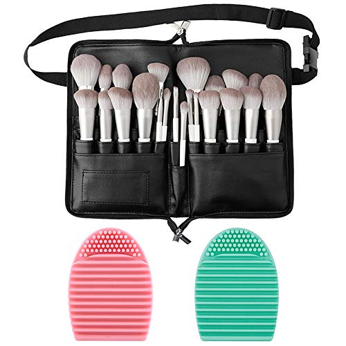 28 Pockets Professional Cosmetic Makeup Brush Bag with Artist Belt Strap and 2pcs Silicone Brush Cleaner