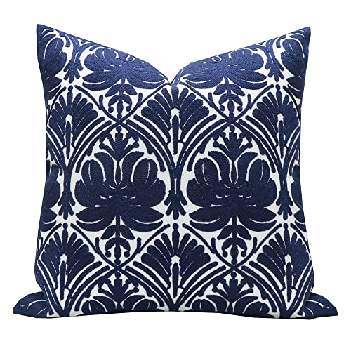 Slow Cow Embroidery Throw Pillow Cover Geometric Rose Navy Decorative Cushion Cover for Sofa 18x18 Inches