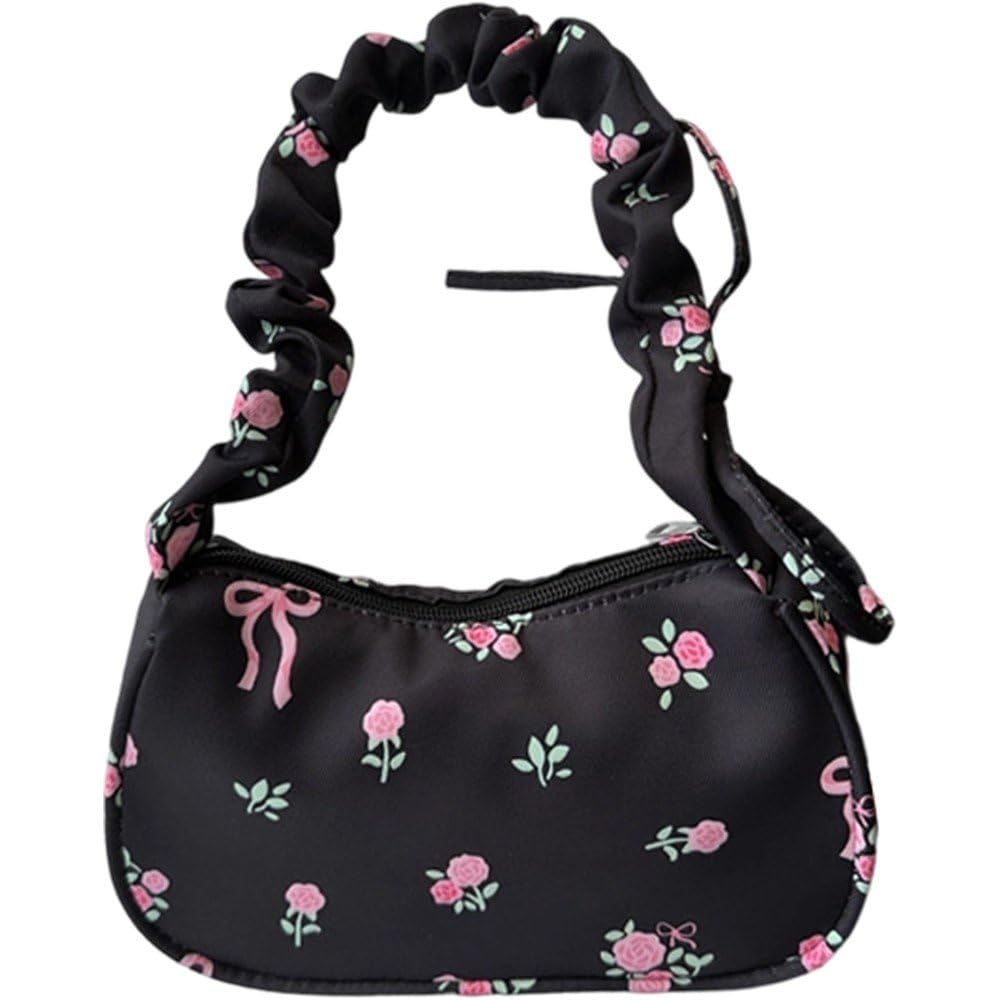 Baokuan Underarm Bag Pleated Shoulder, Floral Printed Armpit Large Capacity Handbags Trendy Ruched Underarm Bag for Daily Use and Travel