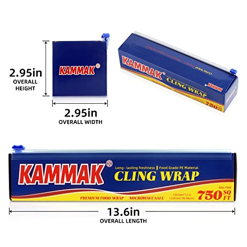 KAMMAK Plastic Food Wrap with Slide Cutter Kitchen Cling Wrap 12 inch Professional BPA Free Polyethylene Materials Quick Cut 750 Ft Food Service Cling Film Wrap for Restaurant