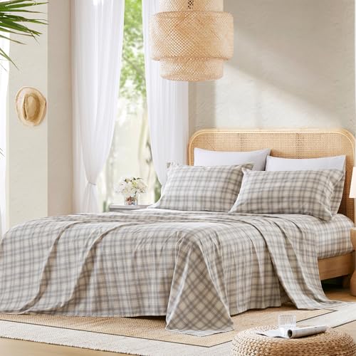 Comfort Spaces 100% Cotton Sheets Twin XL, Breathable, Naturally Cool Cotton Sheets, Soft Cotton Bed Sheets with 12" Elastic Pocket Fits up to 14" Mattress, All Seasons Sheet Set, Wesley Taupe 3 Piece