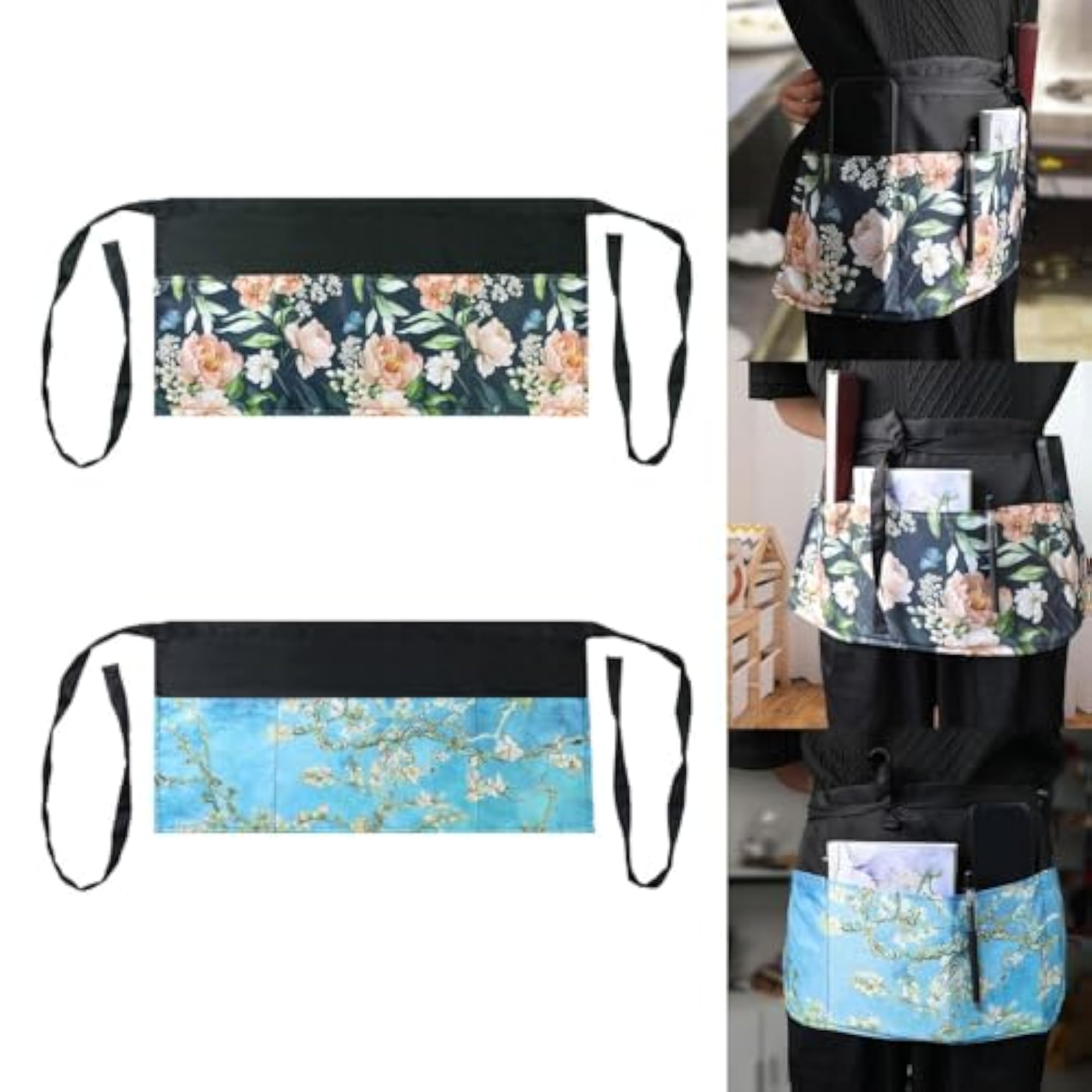 Women's Coffee Shop Peony Print Serving Apron with 3 Pockets