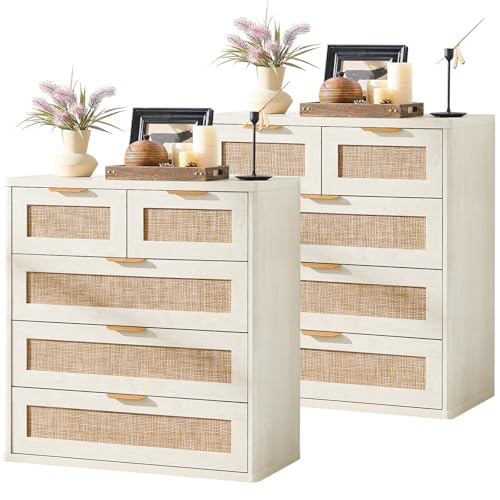 Image of LEYAOYAO Rattan Dresser Set 2 for Bedroom, 33.5 inch Small Chest of Drawers | Gold Metal Handle, Modern 5 Drawers Boho Dressers with Storage for Living Room, Hallway