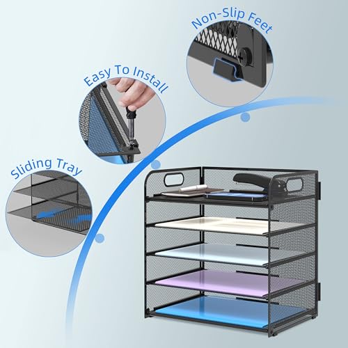 Image of Supeasy 2 Pack 5-Tier Desk Organizer with Handle Mesh Desk File /Paper Organizer Letter Tray for Office, School, Classroom and Home Easy Installation, Black