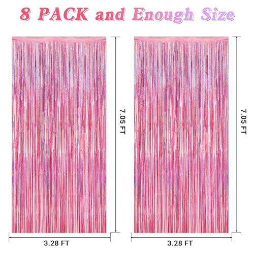 Image of 8 Pack Pink Backdrop, 3.28 FT x 7.05 FT Fringe Curtains, Metallic Glitter Pink Fringe Party Streamer Foil Curtains Tinsel Backdrop, Pink Decorations Bachelorette Valentines Day Party Supplies