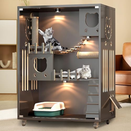 Wooden Cat House Large Space Cat Cage, Indoor/Outdoor Cat Enclosure with Wheels, Multi-Feature Enclosed Cat Condo with Drawers and Litter Box for Indoor Cats, 50