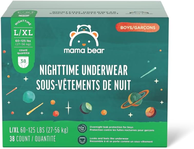 Amazon Brand - Mama Bear Boy's Nighttime Bedwetting Underwear for Overnight Protection, Hypoallergenic, Size L/XL (60-125 lbs), 38 Count, White