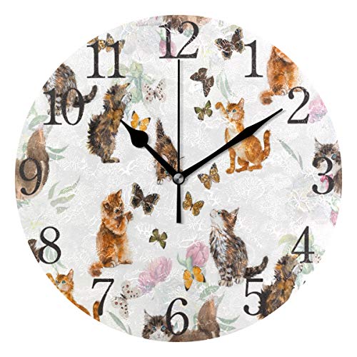 Mnsruu Chat Et Papillons Rond Horloge Murale, Peinture À l'huile Silencieuse Non Tickingante pour...