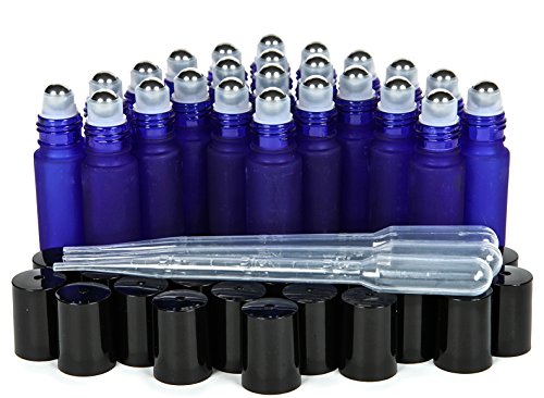 Vivaplex, 24, Frosted, Cobalt Blue, 10 ml Glass Roll-on Bottles with Stainless Steel Roller Balls. 3-3 ml Droppers included