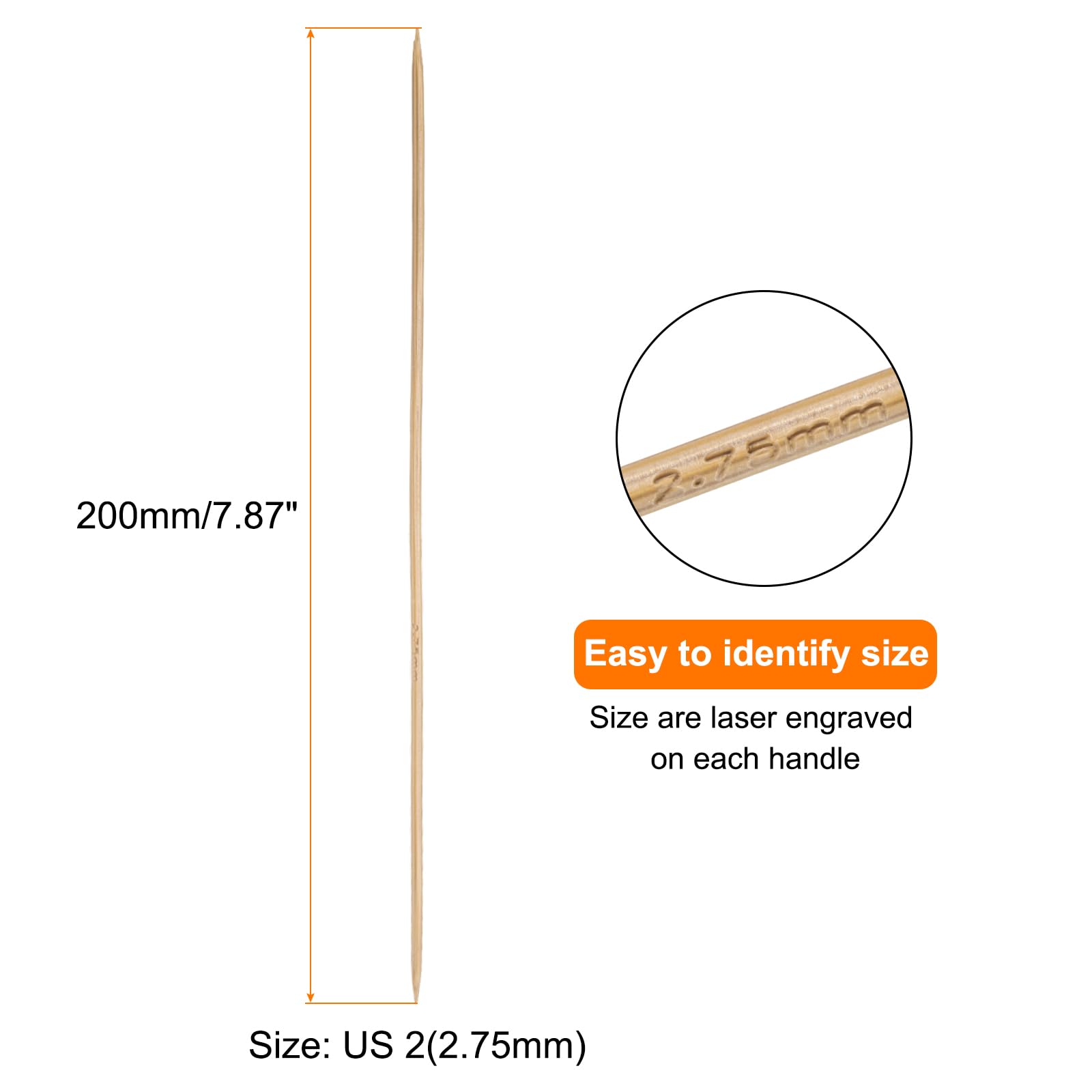HARFINGTON 5 agujas de tejer de bambú de doble punta, tamaño US 2 (2.75 mm), carbonizadas de 20 cm, rectas, para hilo de tejer creativo hecho a mano