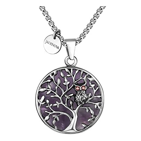 JADENOVA Owl Family Tree Necklace Tree of Life Gemstone Pendant Owl Necklace 24 Inches Stainless Steel Chain Cover
