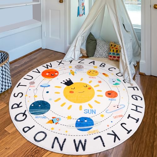 Image of LTKOUGFAM Round ABC Space Kids Rug,4 ft Non-Slip Solar System Alphabet Rugs, Washable Nursery Rug, Soft Plush Educational Circle Rug for Classroom playroom Bedroom Kids Room Decor