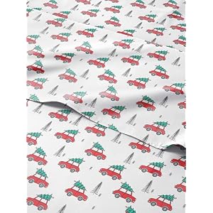 Split King Christmas Cars Sheet Set - Holiday Xmas Pattern Linen Set - Deep Pockets - Snug Fit - 4 Piece - Wrinkle Free - Comfy & Cooling Festive Winter Bedding - Easy To Care For - Kid Frie