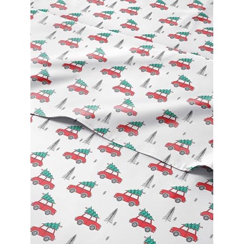 Split King Christmas Cars Sheet Set - Holiday Xmas Pattern Linen Set - Deep Pockets - Snug Fit - 4 Piece - Wrinkle Free - Comfy & Cooling Festive Winter Bedding - Easy To Care For - Kid Frie
