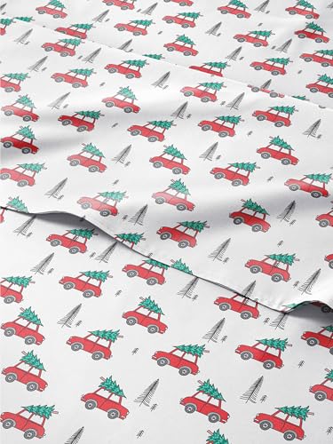 King Christmas Christmas Cars Sheet Set - Holiday Xmas Pattern Bedding Set - Deep Pockets - Snug Fit - 4 Piece - Wrinkle Free - Cooling Comfy Festive Winter Holiday Sheets for Women, Men, Kids & Teens