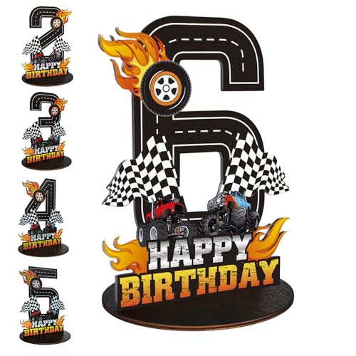 Image of Truck Birthday Number Sign Centerpiece, Truck Wooden Decoration Photo Props for Truck Birthday Decorations (6th)
