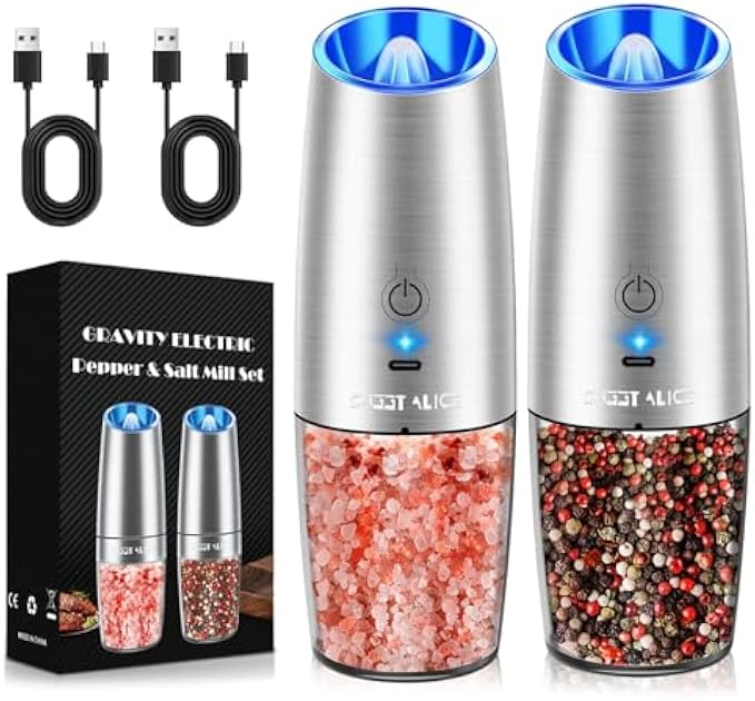 Sweet Alice Rechargeable Electric Pepper and Salt Grinder Set, No Battery Needed, whit Gravity Sensing Switch and LED Light, One Hand Automatic Operation, Sliver 2 Pack