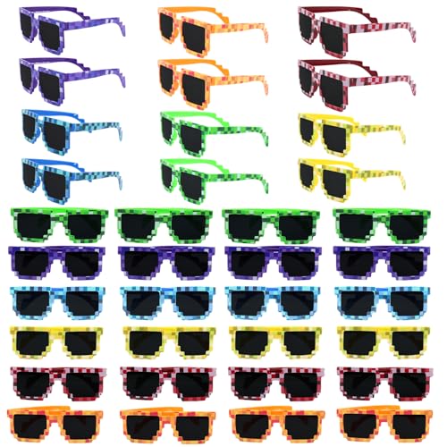 36 Pack Pixel Sunglasses Bulk, 6 Colors Pixelated Mosaic Gamer Glasses Party Favors, Gamer Robot Pixelated Sunglasses for Kids Adults Boys Girls Birthday Photo Props Party Supplies