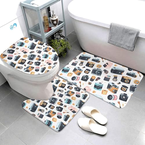 Juego de 3 alfombras de baño con estampado de cámara vintage, absorbentes, antideslizantes, lavables, cubierta de tapa de inodoro en forma de U, tapete de contorno, tapete de ducha suave para baño y
