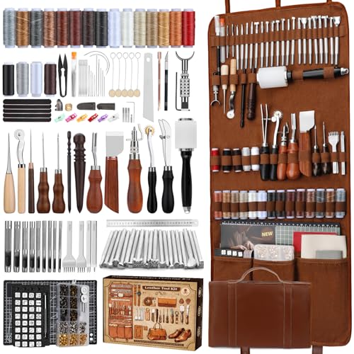 CBHGFEA Leather Working Kit Leather Working Tools and Crafting Kit with Custom Storage Bag Engraving Cutting Sewing Stamping Sanding Supplies for DIY Handicraft Making and Repair