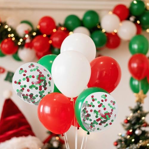 Image of Red White Green 12inch Balloons with Confetti Balloons for Wedding, Birthday, Baby Shower, Christmas, Family Parties Decoration(55Pcs)
