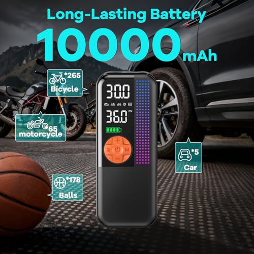 Image of WEOLULI Tire Inflator Portable Air Compressor,150 PSI Cordless Air Pump, 12V DC Car Plug,Dual Power 10000mAh, Fast Inflation 24L /Min, 4 Preset Modes for Car, Bike, Motorcycle, Balls(Orange, 10000mAh)