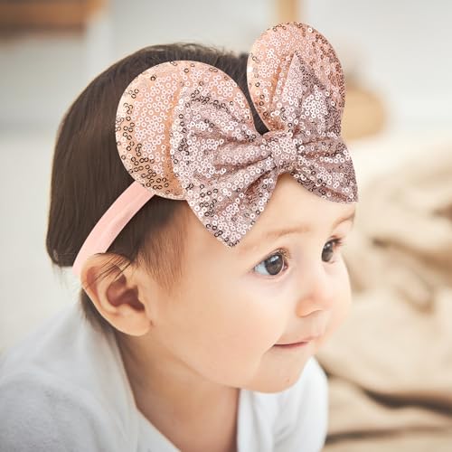 choicbaby Baby Girl Headbands Mouse Ears Headwrap with Sequin Polka Dot Bow Soft Stretchy Nylon Hair Bands for Newborn Infant Baby Toddler Girls- Pack of 24
