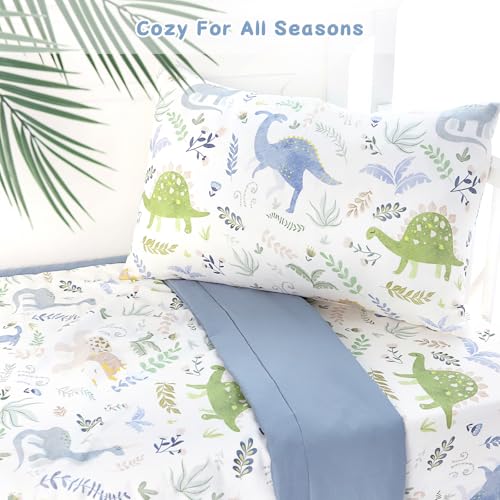 Image of Pea Pod Muslin Toddler Bedding Set 3-Piece - Soft Breathable Crib Bedding with Fitted Sheet, Quilt & Pillowcase for Infant & Kids Bed | Machine Washable Nursery Bed Set (Dinosaur)