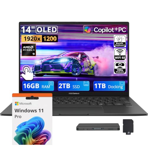 Image of ASUS Zenbook 14 14 inch FHD+ OLED Touchscreen Laptop, AMD Ryzen AI 9 465, 16GB RAM, 3TB Storage (2TB SSD+1TB Docking Station), AMD Radeon GPU, Copilot+ PC, Backlit Keyboard, Win 11 Pro, Jasper Gray