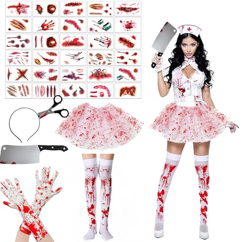 AEYAKA Damen Zombie Krankenschwester Kostüm Set – Blutbefleckter Tutu Rock, Strümpfe, Handschuhe, Scheren-Haarreif, Machete & Tattoo Aufkleber –...
