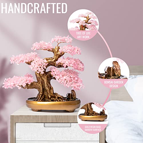 Gemboury Natural Rose Quartz (1,251 Gemstone Count) Chakra Crystal Tree Gold With Healing Properties 14" - Bonsai Feng Shui Money Tree For Love And Self Care Desk Decortaion #TOP4