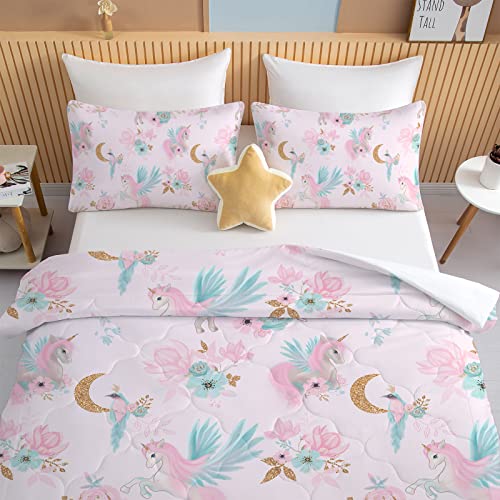 Bedmust Unicorn Comforter Set Twin - Soft Cute Pink Unicorn Bedding Set With Flowers Leaves And Blue Birds Print Pattern 3 Piece Unicorn Twin Bed Set For Girls Boys Kids (Twin, Gold Moon) #TOP1